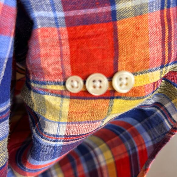 Ralph Lauren Short Sleeve Shirt Large Linen Madras Plaid Red preppy golf Chore - Picture 10 of 10